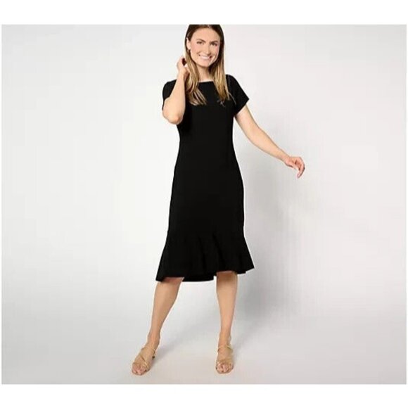 dennis basso Dresses & Skirts - Dennis Basso Caviar Knit Dress with Flounce Black,3X